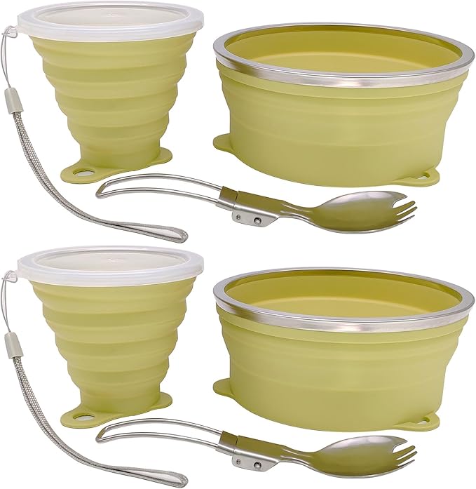 Mess Kit for Camping Silicone Collapsible Bowl Collapsible Cup and Stainless Steel Spoon for Backpacking Outdoor Hiking Traveling and Picnic - 2 Pack