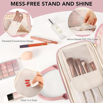 Travel Makeup Bag for Women Fashion Large Capacity Pouch Open Flat Cosmetic Portable Organizer Waterproof Large Opening Storage Toiletry Bags Vertical Free-Standing Brush Holder for Easy Access Pink