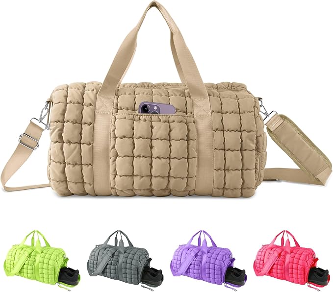 Quilted Travel Duffle Bag Gym Bag for Women,Large Puffer Duffle Weekender Bag with Compartment,Workout Overnight Carry on Organizer Bag Duffle Bag for Airplane Travel(L-Khaki)