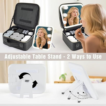 Travel Makeup Bag with Removable Mirror and Light, LED Lighted Make up Train Case, Cosmetic Organizer with PU Leather, 3 Colors Dimming Light, Adjustable Dividers & Brush Storage Board, Gift for Women