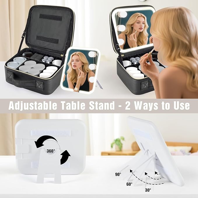 Makeup Bag with Removable Lighted Mirror, Travel Make up Bag with Lights Portable Makeup Case Organizer with Mirror 360° Adjustable Angle, Partitionable Cosmetic Bag Accessories Makeup Train Case Gift