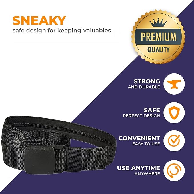 Security Money Belt with Hidden Money Pocket - Nylon Tactical Belt for Men & Women with Nonmetallic Buckle - Security Money Belt for Valuables, Cash, Passport - Cashsafe Anti-Theft Wallet, Large