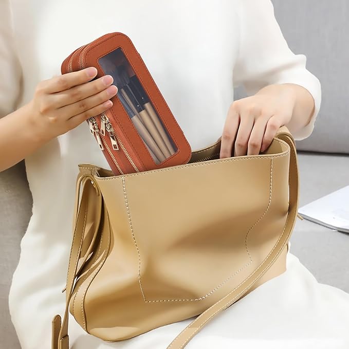 Pinkmik Double Layer Makeup Bag Makeup Brush Case Waterproof Travel Cosmetic & Toiletry Bag Purse Organizer and Car Essentials for Women (X/Brown, Double SLIM)