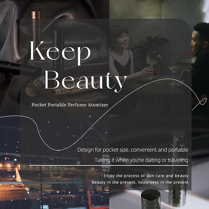 Travel Refillable Perfume Atomizer 0.17fl.oz/5ml. Cologne Pocket Recyclable Portable Sprayer Bottle. Mini Scent Pump Case Dispenser Perfume Container (BLACK+GREY)