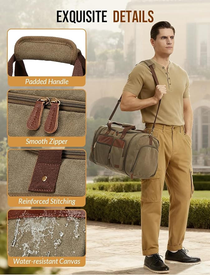 Canvas Duffle Bag for Travel 50L Expandable Travel Duffel Bags for Men Women Overnight Weekend Gym Bag with Shoes Compartment - Brown