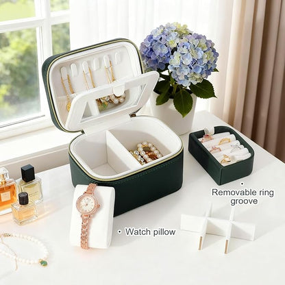 DesignSter Travel Jewelry Case,Small Jewelry Box with Mirror,Leather Material Travel Jewelry Case Organizer, Portable Jewelry Organizer with Zipper(Black)