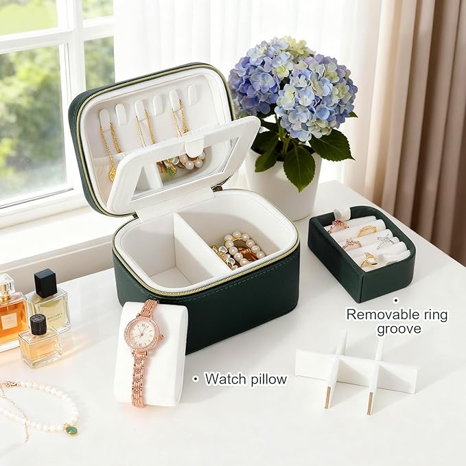 DesignSter Travel Jewelry Case,Small Jewelry Box with Mirror,Leather Material Travel Jewelry Case Organizer, Portable Jewelry Organizer with Zipper(Green