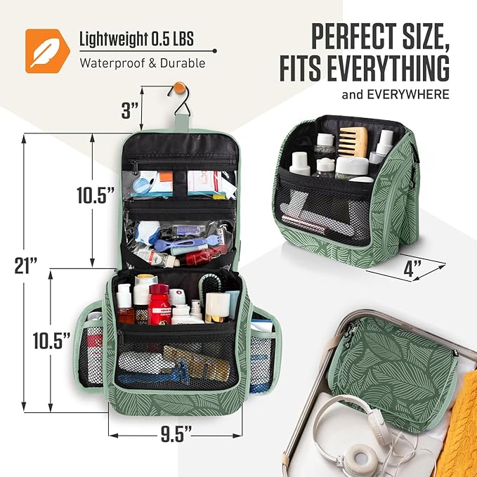 VENTURE 4TH Hanging Travel Toiletry Bag for Women & Men - Travel Organizer with Expandable Compartments & Removable Clear Pouch for Toiletries (Green Leaves)