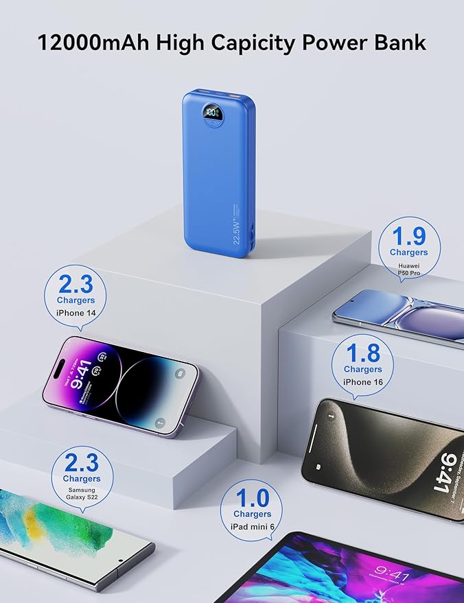 12000mAh Ultra-Portable-Charger-Power-Bank with Built in Cables&AC Wall Plug,PD20W USB-C Fast Charging Cell Phone Charger Battery Pack,LED Display Travel Battery Bank for All iPhone,Samsung,Android