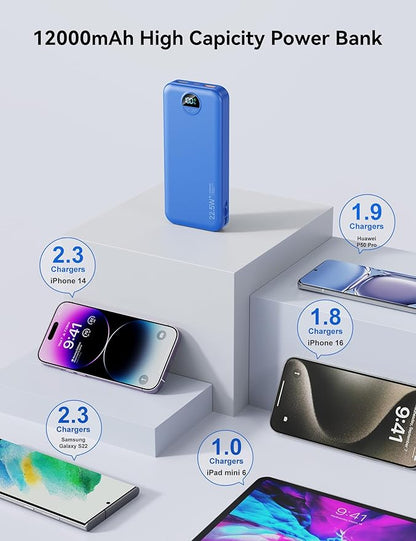 12000mAh Ultra-Portable-Charger-Power-Bank with Built in Cables&AC Wall Plug,PD20W USB-C Fast Charging Cell Phone Charger Battery Pack,LED Display Travel Battery Bank for All iPhone,Samsung,Android