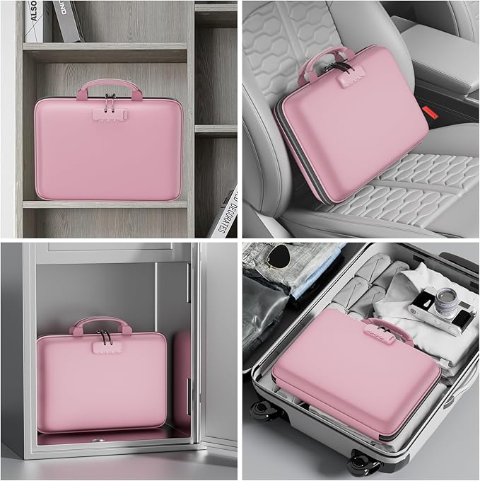 DocSafe Fireproof File Organizer with Lock, Hard-Shell Case Fireproof Document Box with 13 Pocket Accordion File Folder, Portable Home Office Travel Safe Storage for Important Documents Laptop Pink
