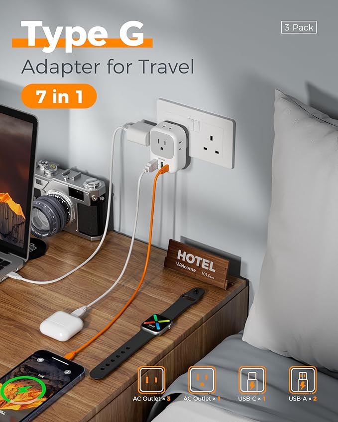 US to UK Plug Adapter 3 Pack, TESSAN Type G Adapter for Travel with 4 Outlets 3 USB Charger(1 USB C), Ireland Power Adaptor for USA to England London Scotland Dubai Singapore Hong Kong Qatar