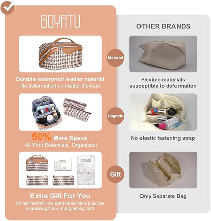 BOYATU Travel Makeup Bags for Women: Large Capacity Cosmetic Bag Set of 3 - Vegan Leather Make up Bags with Compartments - Wide Open Waterproof Toiletry Organizer Bag with Handle (B-05-Brown)