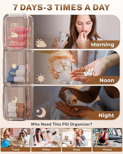 Weekly Pill Organizer 3x a Day - 7 Day Pill Box with 21 Compartments (Morning/Noon/Night), BPA-Free Daily Pill Case, Portable Medicine Organizer for Vitamins, Supplements & Medication【Upgrade】 (Brown)