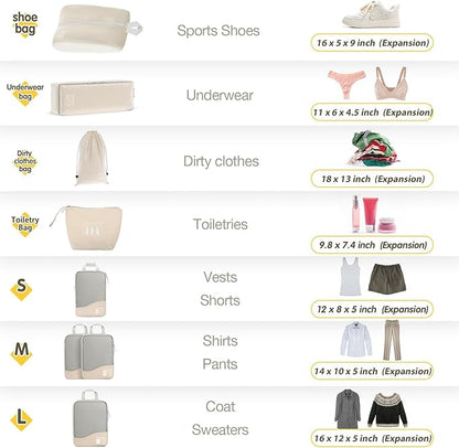 Compression Packing Cubes 8 Set, Dual Zipper Compression Packing Cubes for Travel, See-Through Mesh Packing Bags for Suitcases, packing cubes with shoe bag (Beige)