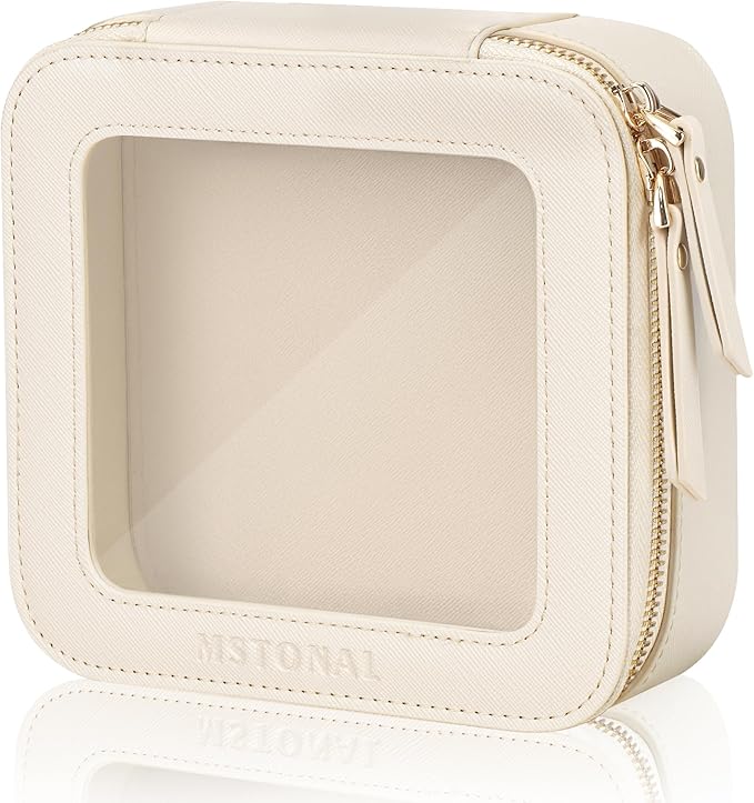 Clear Makeup Bag, Travel Toiletry Bag Cosmetic Case for Women, Waterproof Portable Small Make Up Skincare Pouch with Zipper, Compact Car Organizer Bag for Essentials, Mini Size, Beige