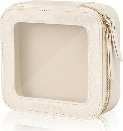 Clear Makeup Bag, Travel Toiletry Bag Cosmetic Case for Women, Waterproof Portable Small Make Up Skincare Pouch with Zipper, Compact Car Organizer Bag for Essentials, Mini Size, Beige