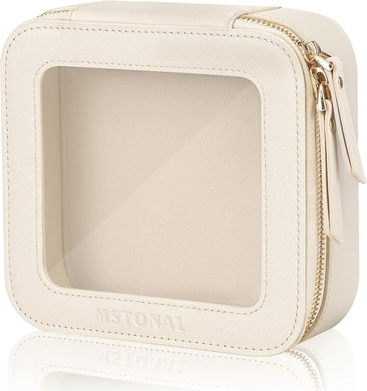 Clear Makeup Bag, Travel Toiletry Bag Cosmetic Case for Women, Waterproof Portable Small Make Up Skincare Pouch with Zipper, Compact Car Organizer Bag for Essentials, Mini Size, Beige