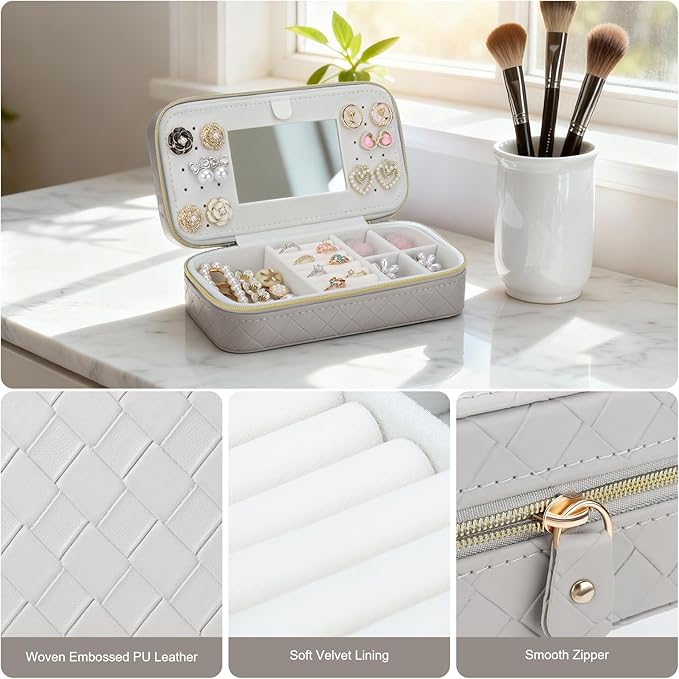 DesignSter Jewelry Organizer, Small Portable Travel Jewelry Storage for Women, Woven Embossed PU Jewelry Case with Mirror for Ring Earring Necklace Bracelet