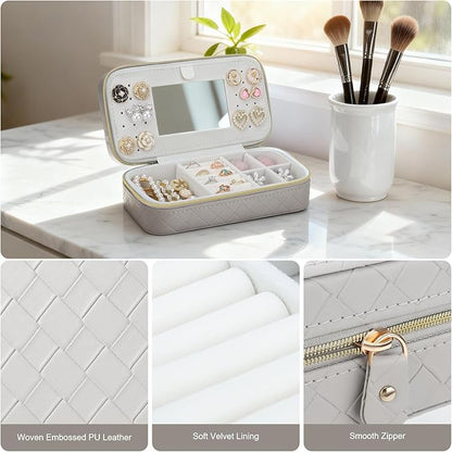 DesignSter Jewelry Organizer, Small Portable Travel Jewelry Storage for Women, Woven Embossed PU Jewelry Case with Mirror for Ring Earring Necklace Bracelet