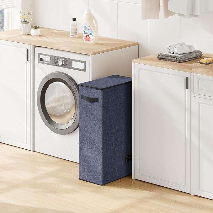 SOLEDI Slim Laundry Hamper with Lid, Narrow Laundry Basket with Removable Bags, Dirty Clothes Hamper with handle, Small Hamper perfect for Laundry room, Bathroom, Bedroom, Small spaces. 70L Navy Blue