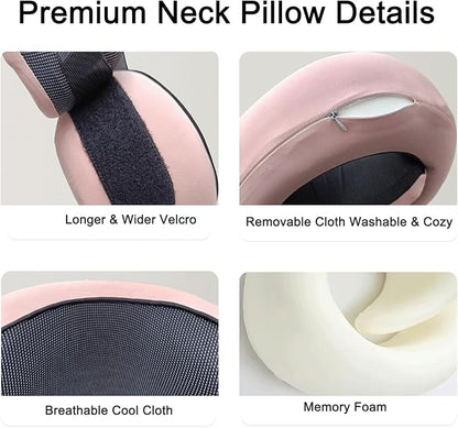 Benebou Travel Neck Pillow for Airplanes, 100% Pure Memory Foam Travel Pillow, 360° Support Ergonomic Design, Portable Airplane Pillow with Washable Cover, Perfect for Airplanes, Car & Office (Pink)