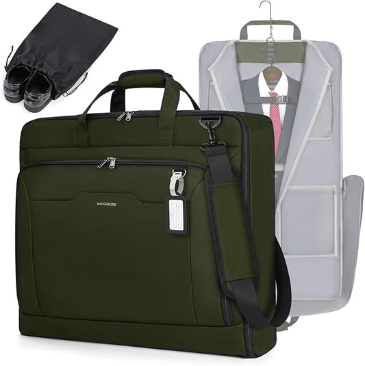 RAINSMORE Garment Bags for Travel Carry On Garment Bag for Hanging Clothes, Suit Bag for Business Trips with Shoes bag & Shoulder Strap, Waterproof Foldable Suit Luggage Bag for Men Women, Green