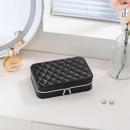 Lolalet Travel Jewelry Case for Women Girls, Travel Jewelry Organizer Box with Mirror & Clear Storage Bag, Small Portable Earring Necklace Bracelet Ring Case, Birthday Christmas Gifts -Medium, Black
