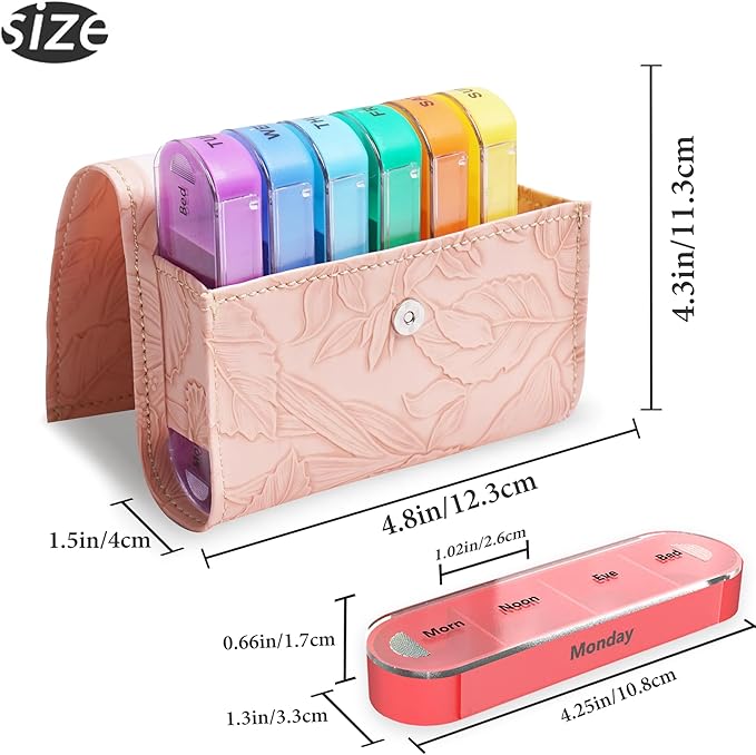 Pill Organizer,LIZIMANDU Weekly Travel Pill Case Box Medication Reminder Daily AM PM, Day Night 7 Compartments,for 4 Times A Day, 7 Days a Week-Includes Leather PU Carrying Case(1-Carved Pink)