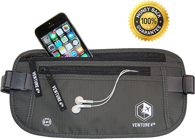 VENTURE 4TH Slim Minimalist Design RFID Money Belt with RFID Blocking Sleeves, for Men and Women – Ideal for Keeping Your Cash, Credit Card, Passport, Phone Secure When Traveling - Gray