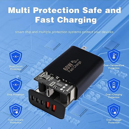 60W iPhone 17 16 15 Pro Charger Fast Charging Block,2Pack 5Port USB C Phon Charger Power Adapter,Multiport Type C Chargers 10FT Long USB C Cable for iPhone 17 Pro/17 ProMax/17 Air/16 ProMax/16e/15 Pro