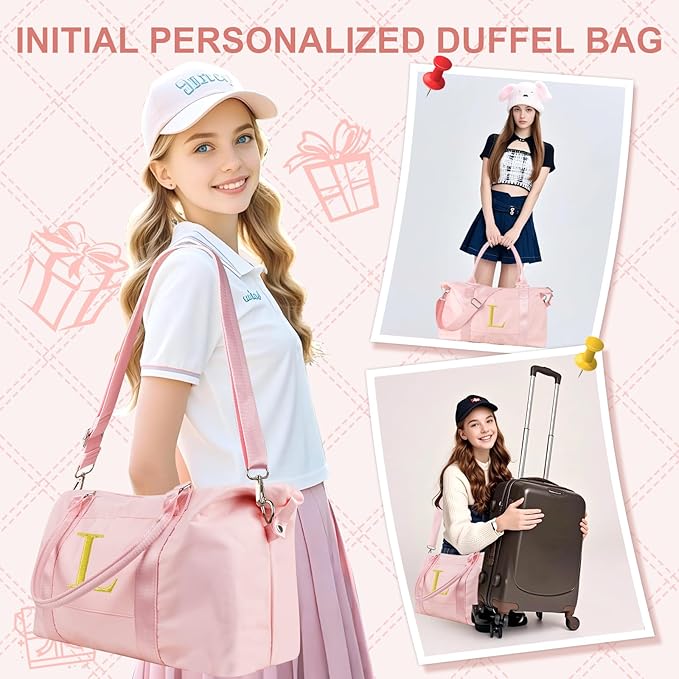 Personalized Initial Gym Dance Bag, Travel Duffel Bag for Teen Girls, Carry On Bag Overnight Weekender Bag with Trolley Sleeve, Birthday Gifts for Women Mom Daughter Graduation Gift(Letter L, Pink)