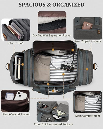 Gonex Canvas Duffle Bag for Travel, Expandable Water Resistant 50L Carry on Duffel Overnight Weekender Gym Bag with Wet Dry Separation Pocket & Suitcase Handle Sleeve, Grey