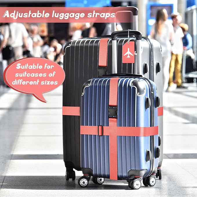 Weewooday 8 Pcs Luggage Straps Suitcase Tags Set for TSA Approved, 4 Travel Adjustable Suitcase Belt, 4 Silicone Luggage Tags with Name ID Card Travel Accessories(Dark Pink,Airplane)