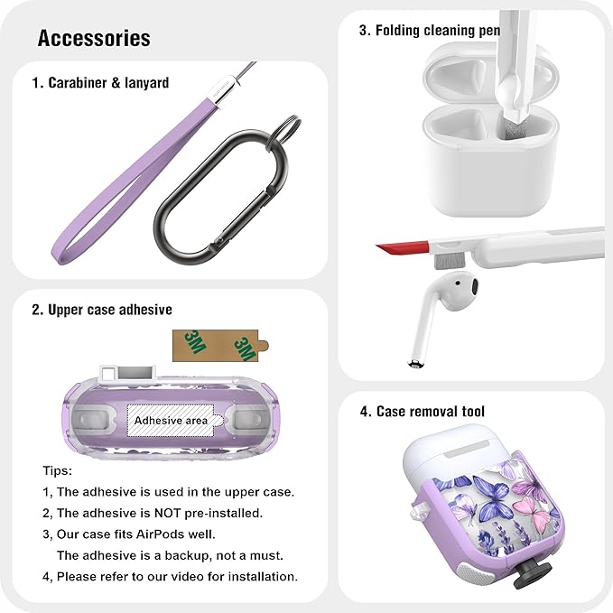 WENEW Case for AirPods 1 & 2 Case Cover Secure Lock Automatic Snap Switch Clip Cleaner Kit Lanyard Women Stylish Flower Armor Hard Shell (Butterfly, AirPods 1st & 2nd)