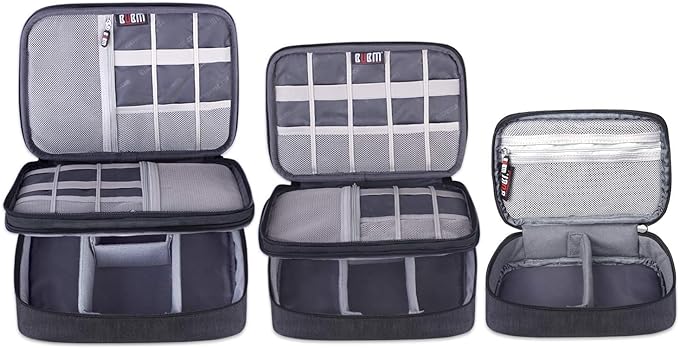 BUBM 3pcs Double Layer Electronic Organizer, Travel Gadgets Bag for Cables, External Flash Drive, Mouse, Memory Card, Power Bank and More, Compact and Multi-purpose, Black