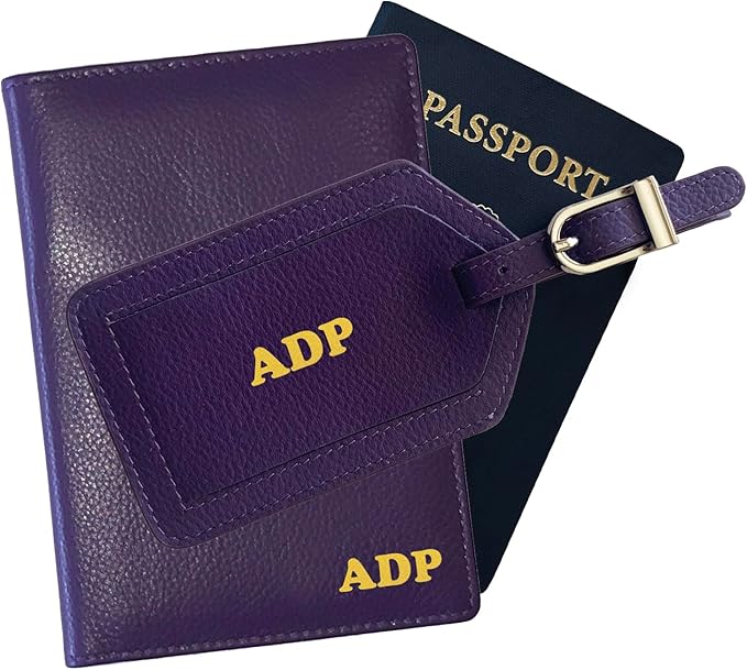 Personalized Monogrammed Dark Purple Leather RFID Passport Wallet and Luggage Tag