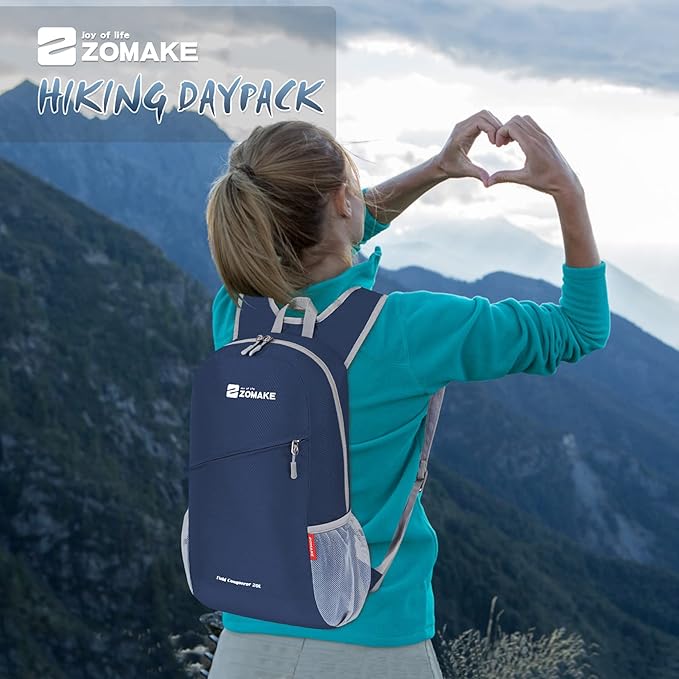 ZOMAKE Lightweight Packable Backpack 20L, Foldable Backpacks Small Daypack for Hiking Water Resistant Day Bag for Travel(Navy blue)