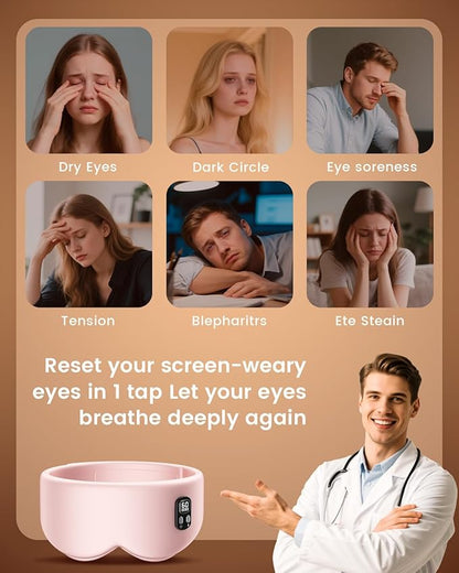 Heated Eye Mask - Cordless Eye Mask for Dry Eyes, Eye Relief, Improved Sleep, Timed Shutdown, 4 Temperature, Washable Eye Heating Pad for Travel, Removable for Cleaning - Rose Pink