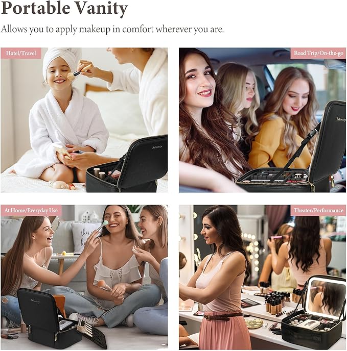 Travel Makeup Bag with LED Lighted Mirror, Cosmetic Makeup Organizer Bag with 3 Color Setting, Makeup Train Case with Adjustable Dividers for Women Makeup Brushes Jewelry Accessories (Pink)