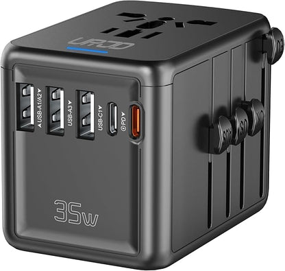 Universal Travel Adapter 35W PD Fast Charging Offers 3 USB-A Ports, 2 USB-C Ports and Multi AC Outlet, International Plug Adapter Worldwide Travel Charger All in One for EU US UK AUS