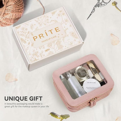 Prite Double Layer Makeup Bag for Women Portable Clear Makeup Bag Cute Waterproof Travel Cosmetic Bag with Gold Zipper for Car Essentials(Pearlescent Pink)