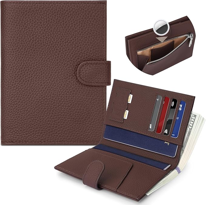 Genuine Leather Passport Holder for Women Men, Hidden Airtag Pocket, RFID Blocking, Zippered Coins Pocket & Cash Compartment Travel Gifts Essentials Passport Cover Case - Coffee