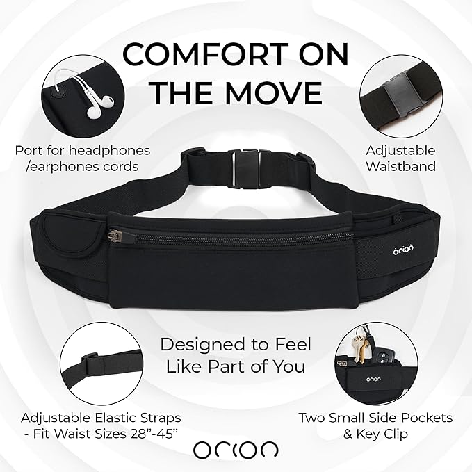The Belt of Orion Running Belt & Slim Fanny Pack for Men & Women Anti-theft Passport Holder & Money Belt For Travel - Comfortable Phone Holder For Running, Hiking, & at the GYM - Classic 9"x3.5"