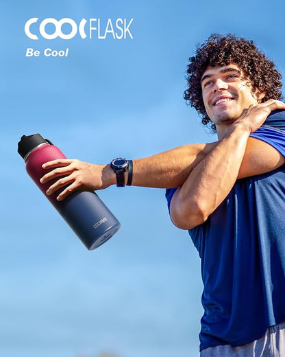 Water Bottle 40 oz Insulated with Straw&Brush, Coolflask Vaccum Stainless Steel Metal 3 Lids Water Flask for Sports, Gym or Office, Keep Cold 48H Hot 24H, Ombre Wine/Navy