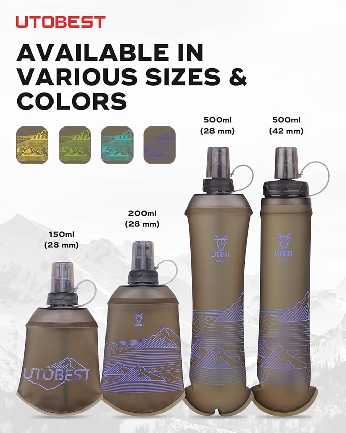 200ml Soft Flask, 2 Pack Flexible TPU Hydration Water Bottle, Collapsible with 28mm Caliber for Running, Hiking, Cycling, Climbing, and Marathon Purple