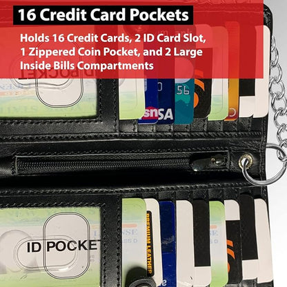 CLASSIC Motorcycle Chain Wallet for Men – Premium Cowhide Leather, RFID Bi-Fold Biker Wallet with Heavy Duty Chain for Bikers Truckers & Hunters, Credit Card Money Organizer Long Wallet Aniline Black