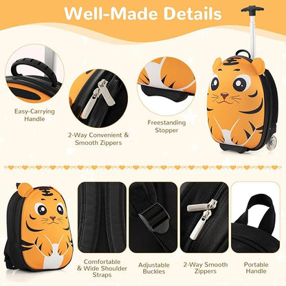 HONEY JOY Kids Luggage, 12” Children Hardshell Backpack & 16” Toddler Travel Rolling Suitcase, 2 Pcs Lightweight Carry On Luggage Set, Kids Luggage with Wheels for Girls & Boys(Orange Tiger)