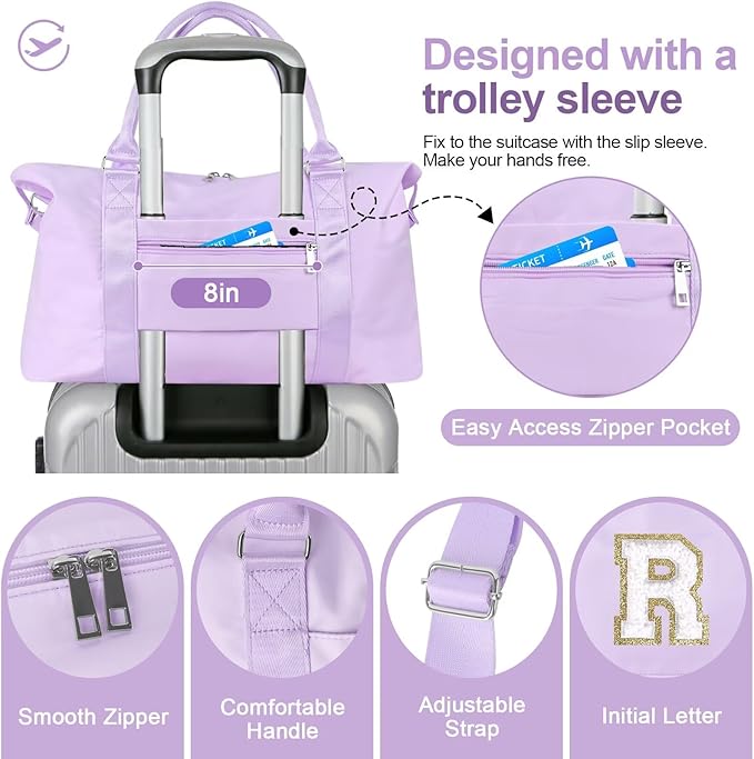 Dance Gym Duffel Bag for Teen Girls, Personalized Initial Travel Weekender Bag,Cute Overnight Carry On Duffle for Women,Sports Travel Cheer Bag,Monogram Christmas Gifts for Tween Preppy(purple-R)