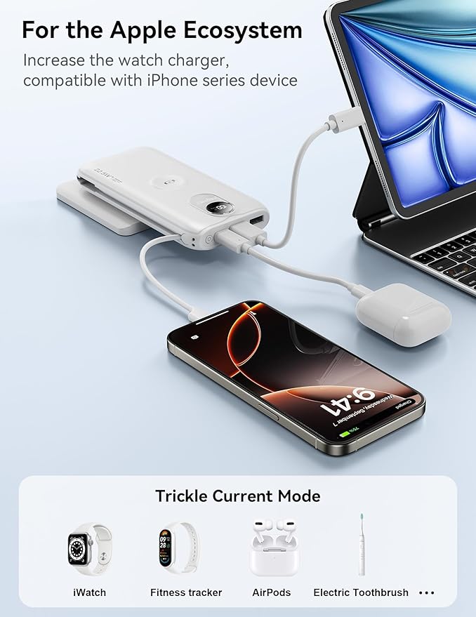 Portable Charger, 10000mAh 22.5W Fast Charging Power Bank with Built in Cable & Wall Plug, Travel Essential Battery Pack with LED Display, External Charger for iPhone, iWatch 11/10/9/8/Ultra/SE White